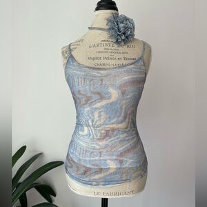 Blue mesh print camisole with the neck tie
